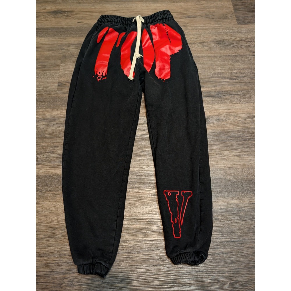 Vlone Stop Graphic Sweatpants Mens Small Black Red Joggers Made in USA
